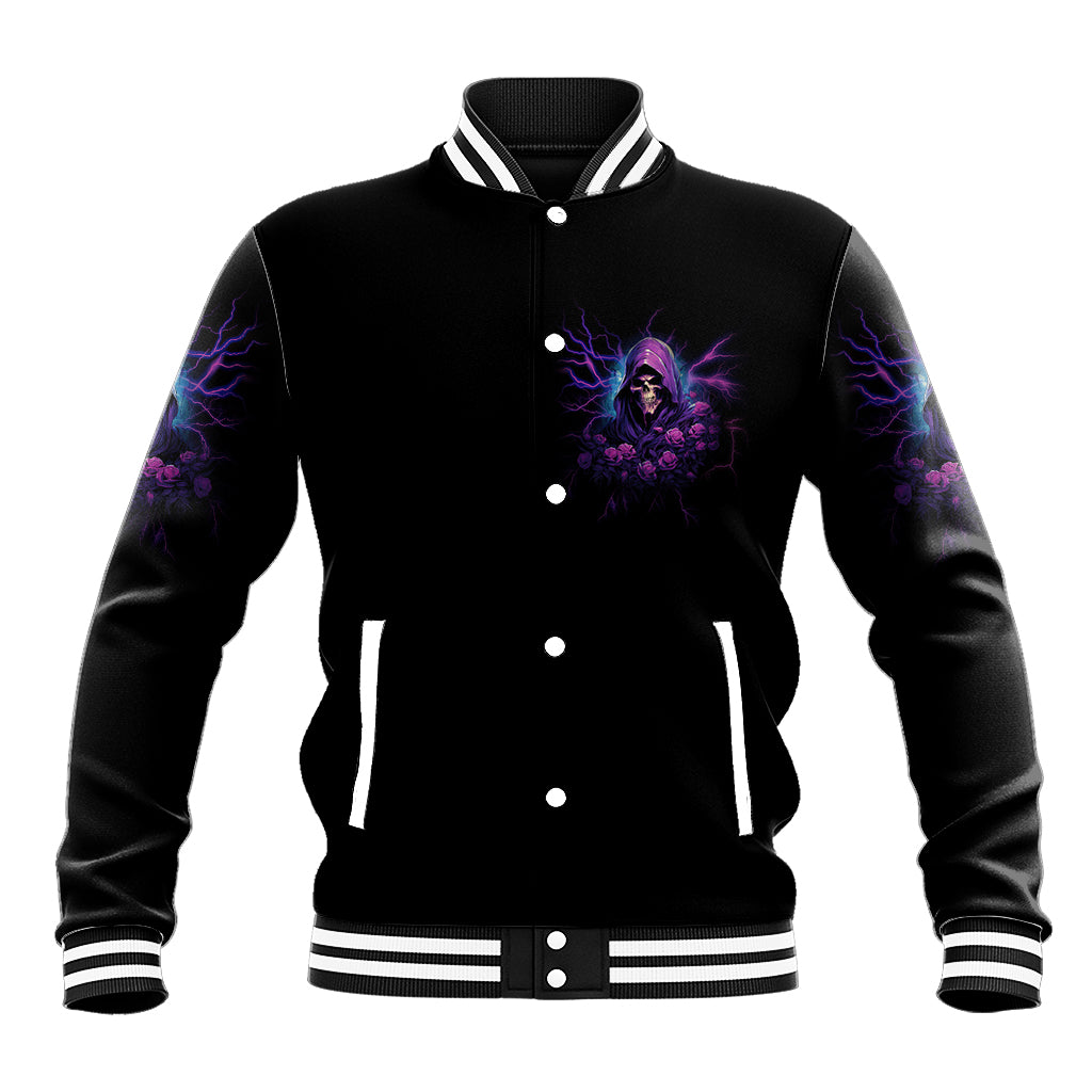 Black snap-button varsity jacket with striped cuffs and purple skull electric graphic