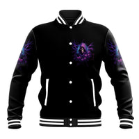 Black snap-button varsity jacket with striped cuffs and purple skull electric graphic