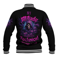 Black baseball varsity jacket with striped ribbed collar and large purple electric graphic