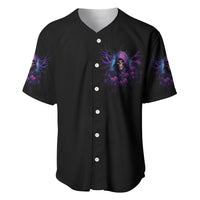 Black baseball jersey with V-neck and button front; neon skull front graphic