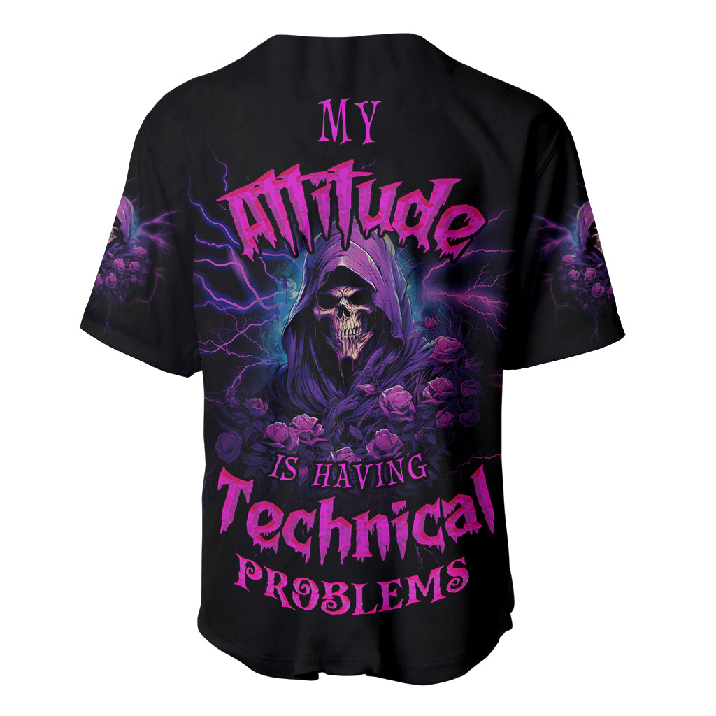 Black baseball jersey with V-neck and button front; neon skull back graphic