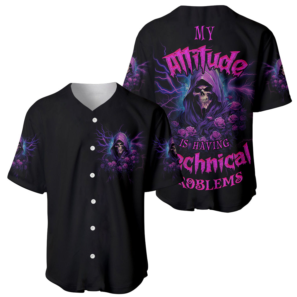 Black baseball jerseys shown front and back; neon skull and attitude graphic