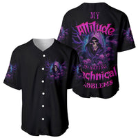 Black baseball jerseys shown front and back; neon skull and attitude graphic