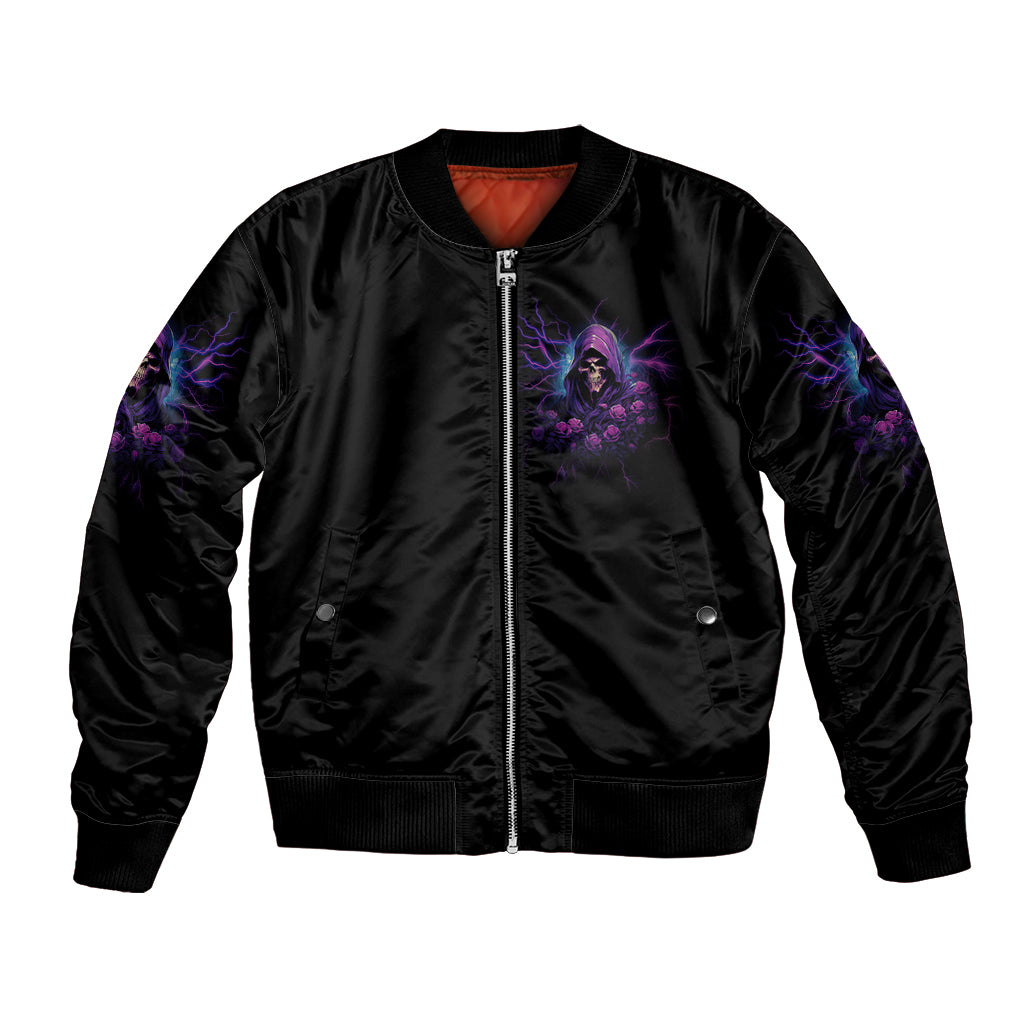 Black bomber jacket with front zipper, ribbed collar, and small purple wing graphic