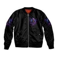 Black bomber jacket with front zipper, ribbed collar, and small purple wing graphic