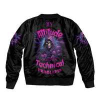 Black bomber jacket with large purple back graphic and ribbed cuffs and hem