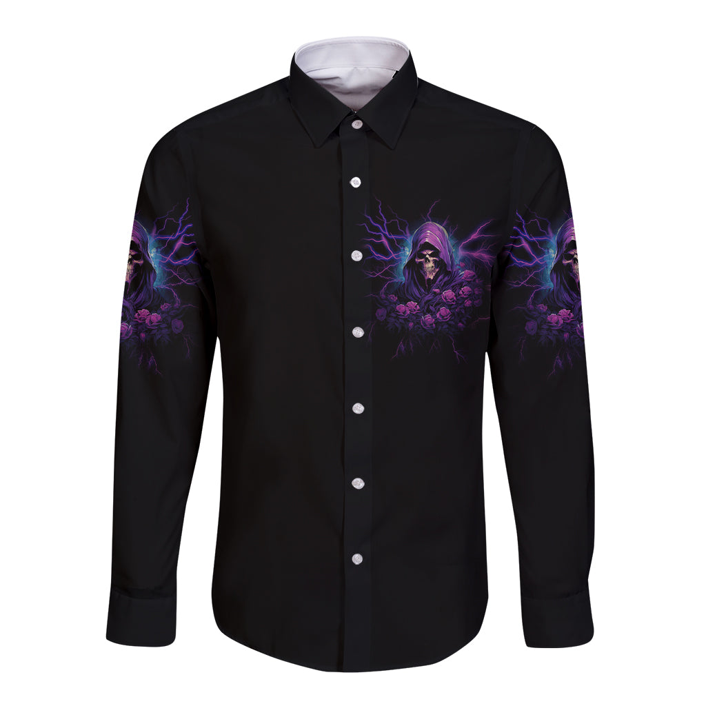 Black long-sleeve button shirt with purple skull chest graphic and side accents