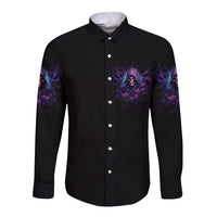 Black long-sleeve button shirt with purple skull chest graphic and side accents