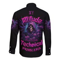 Black long-sleeve button shirt with purple graphic skull; back text design