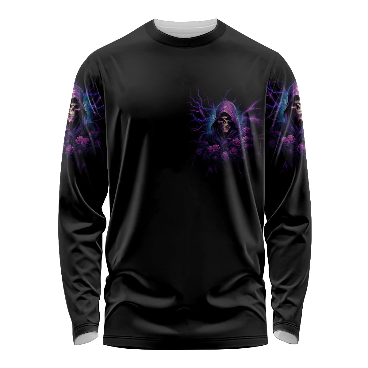 Black long-sleeve shirt with central hooded skull and neon purple lightning graphics
