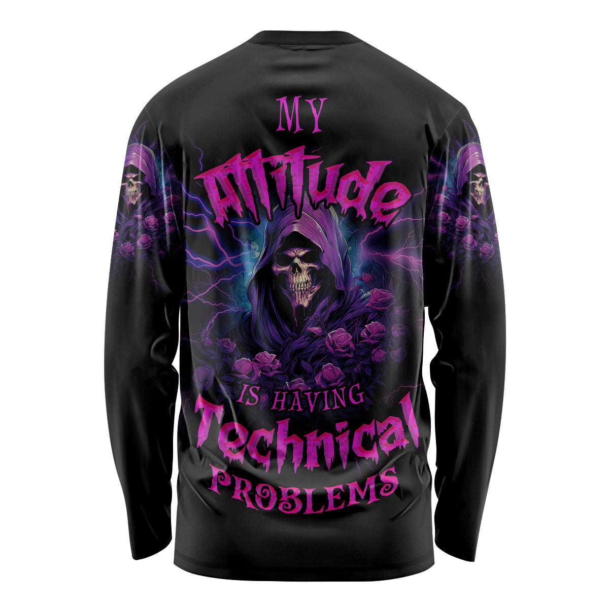 Black long-sleeve shirt with purple hooded skull and roses graphic with lightning text