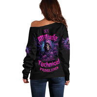 Off-shoulder black sweater with purple graphic text, long sleeves, relaxed fit