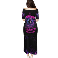 Black long dress with purple electric lightning graphics, back view
