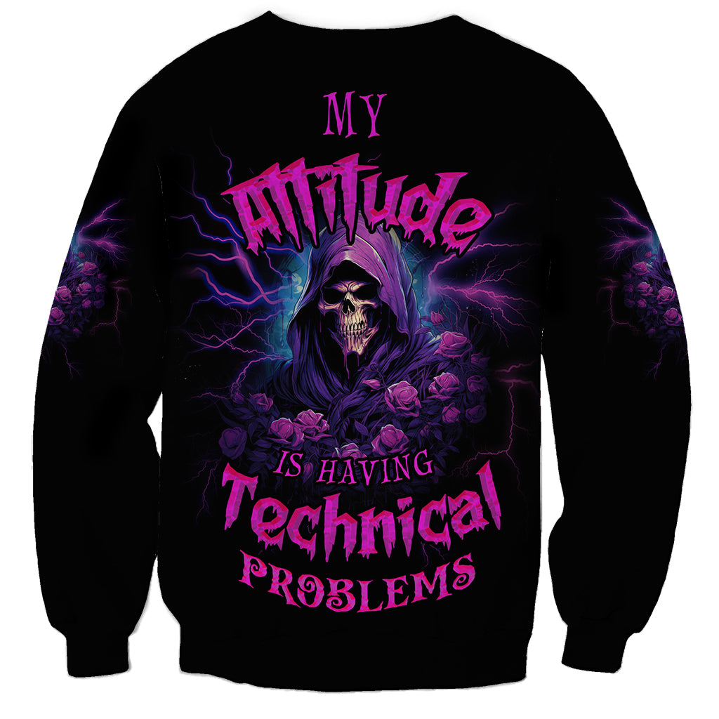 Black unisex sweatshirt with purple/pink skull-and-roses neon graphic and text