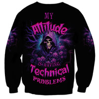 Black unisex sweatshirt with purple/pink skull-and-roses neon graphic and text