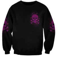 Unisex black sweatshirt with small purple skull emblem and side graphics