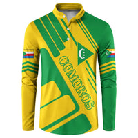 Green and yellow button-up sweatshirt with stripes, Comoros emblem, flag sleeve patches