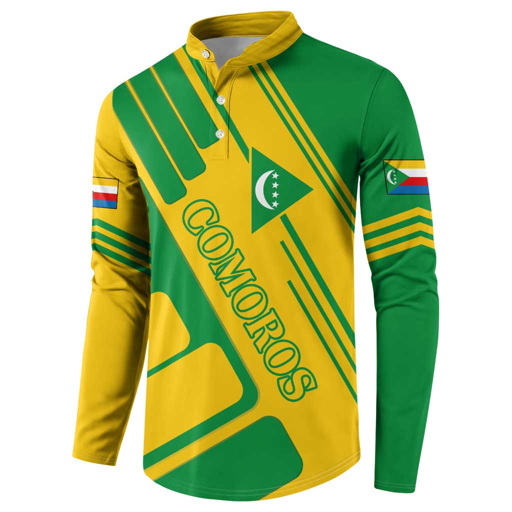 Green and yellow button-up sweatshirt with diagonal stripe graphic and Comoros emblem