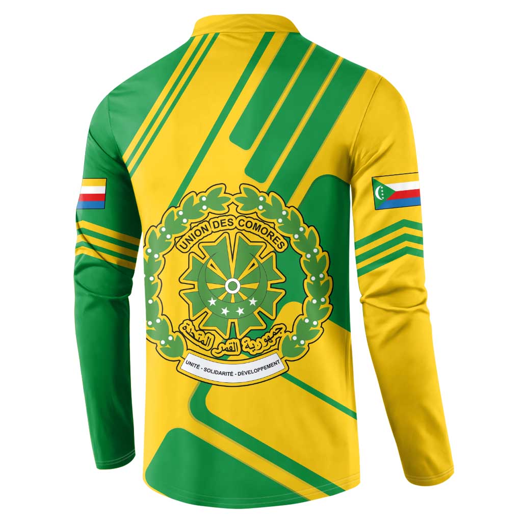 Green and yellow long-sleeve sweatshirt, large back Comoros emblem wreath graphic