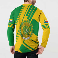 Green and yellow long-sleeve sweatshirt with large back emblem and wreath border