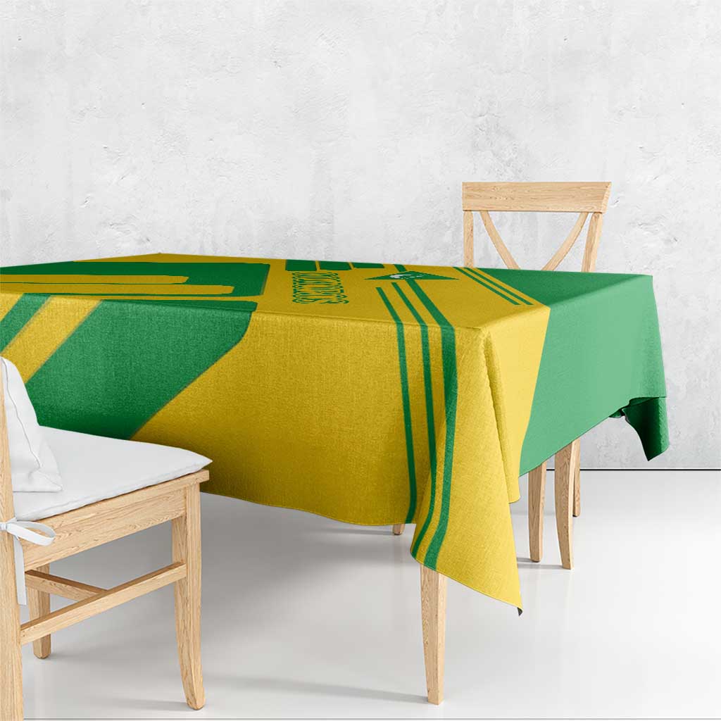 Comoros flag tablecloth with corner drape of green and yellow geometric stripes