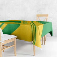 Comoros flag tablecloth with corner drape of green and yellow geometric stripes