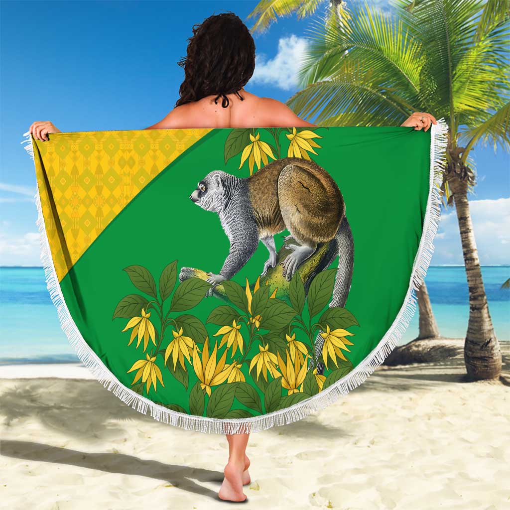 Comoros Beach Blanket with National Flag Lemur Design and Ylang Ylang Flower Pattern