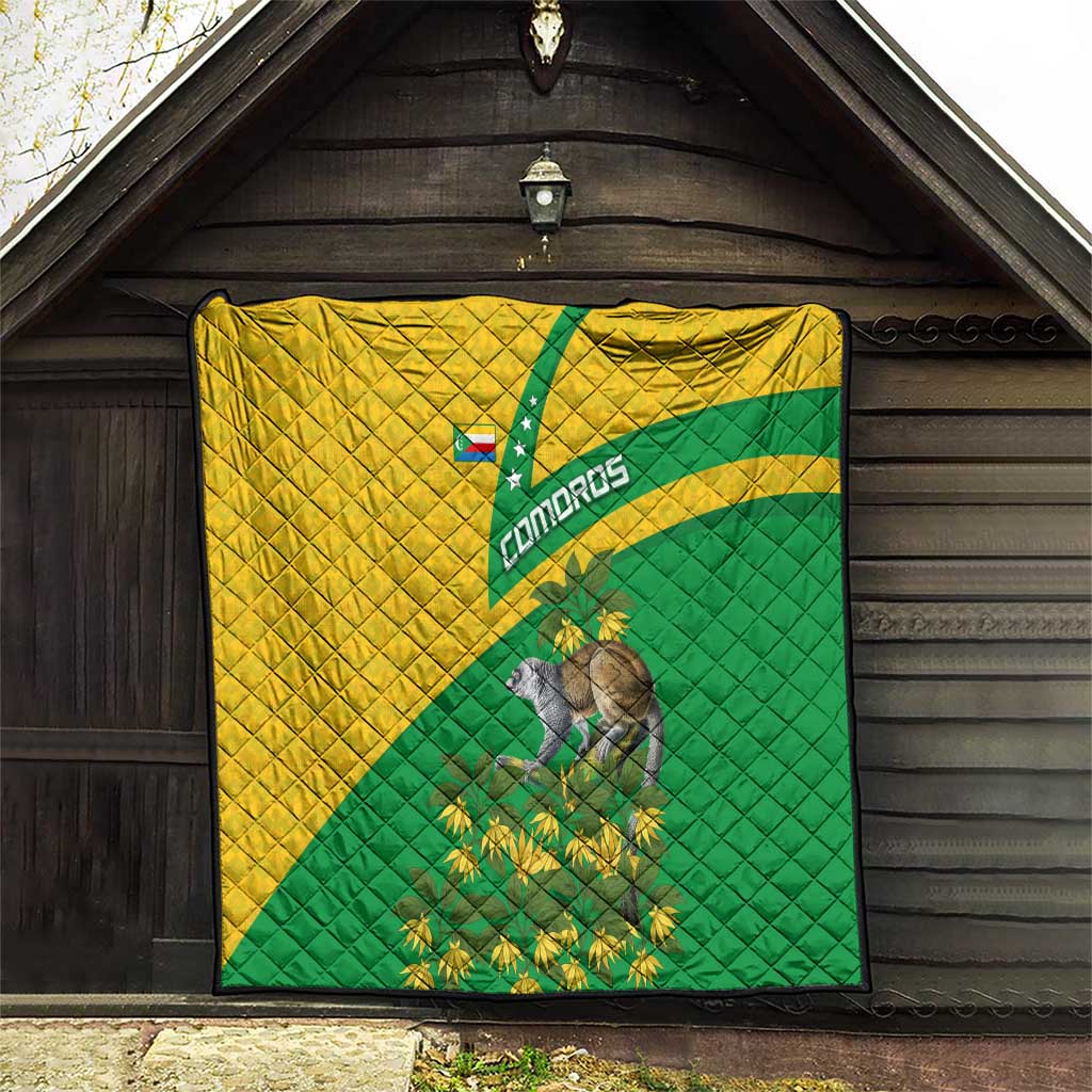 Comoros Quilt with National Flag Lemur Design and Ylang Ylang Flower Pattern