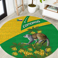 Round Comoros flag area rug in green and yellow with lemur and leafy pattern
