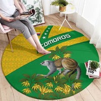 Round Comoros flag area rug, green/yellow with 'Comoros' text and lemur artwork