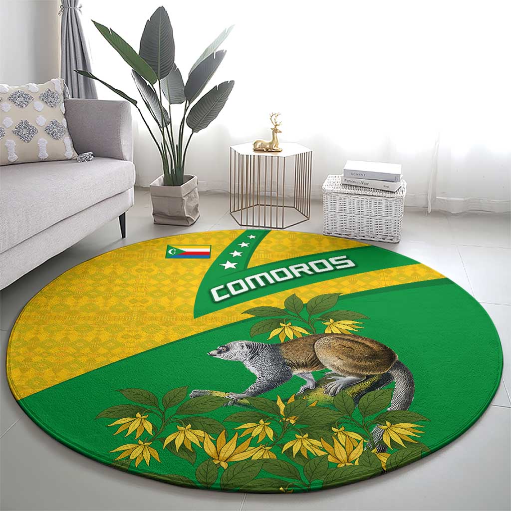Round green and yellow Comoros flag rug with 'Comoros' text, lemur, and flowers