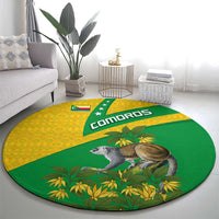 Round green and yellow Comoros flag rug with 'Comoros' text, lemur, and flowers