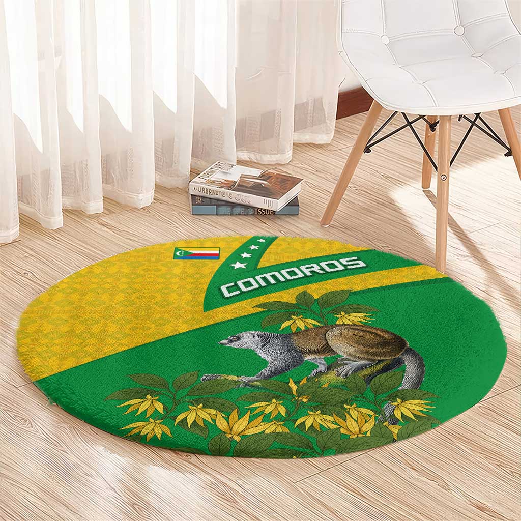 Round green and yellow Comoros flag rug with 'Comoros' text and lemur motif