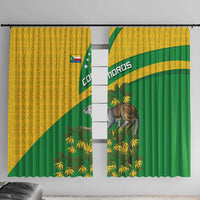 Yellow and green window curtain panels with Comoros flag, lemur, and tropical flower print