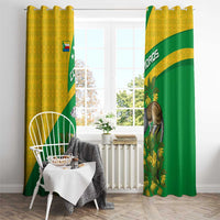 Window curtain panels with top grommets, Comoros flag stripe, lemur, and foliage