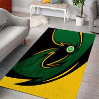 Multicolor swirl area rug with green center and small circular emblem