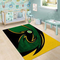 Green-yellow swirl area rug with black base and circular emblem