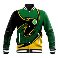 Multicolor varsity baseball jacket with green swirl, Comoros emblem, snap buttons