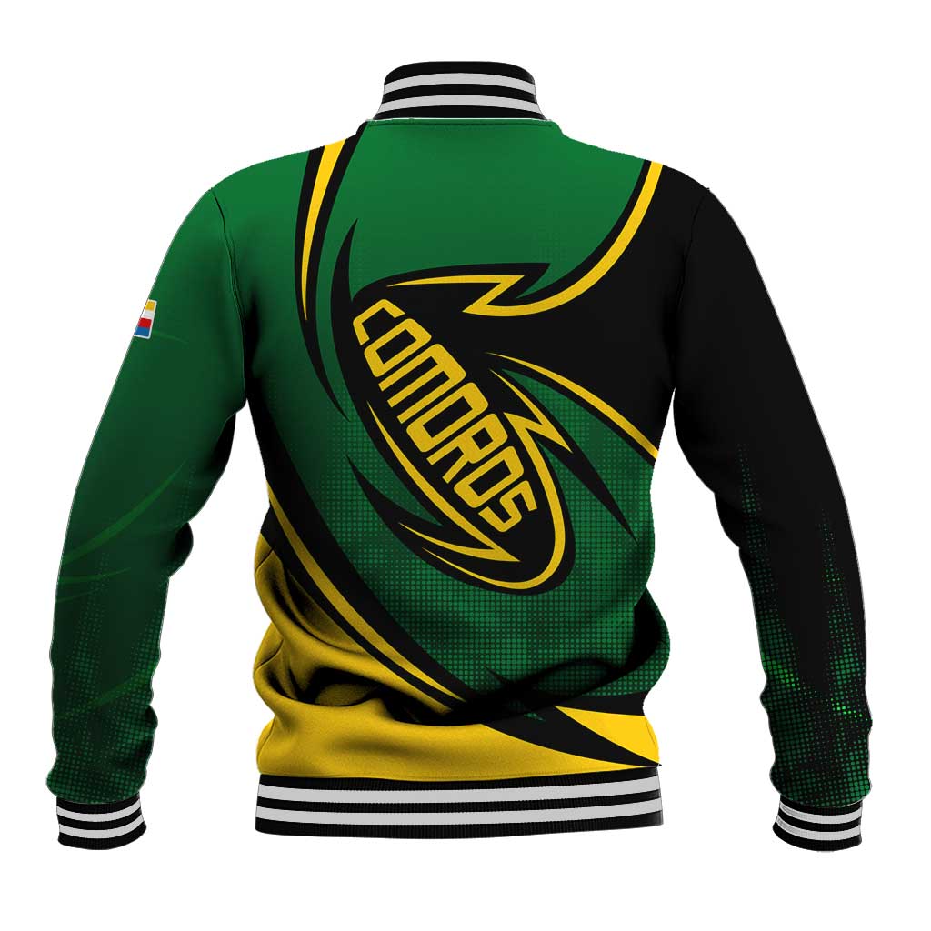 Multicolor varsity baseball jacket back with green swirl design and emblem, ribbed hem