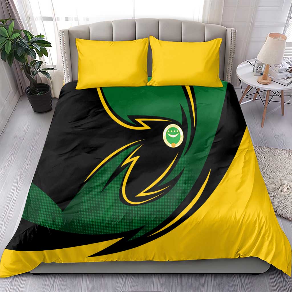 Comoros Bedding Set with Green Black Yellow Swirl Design and National Emblem Pattern