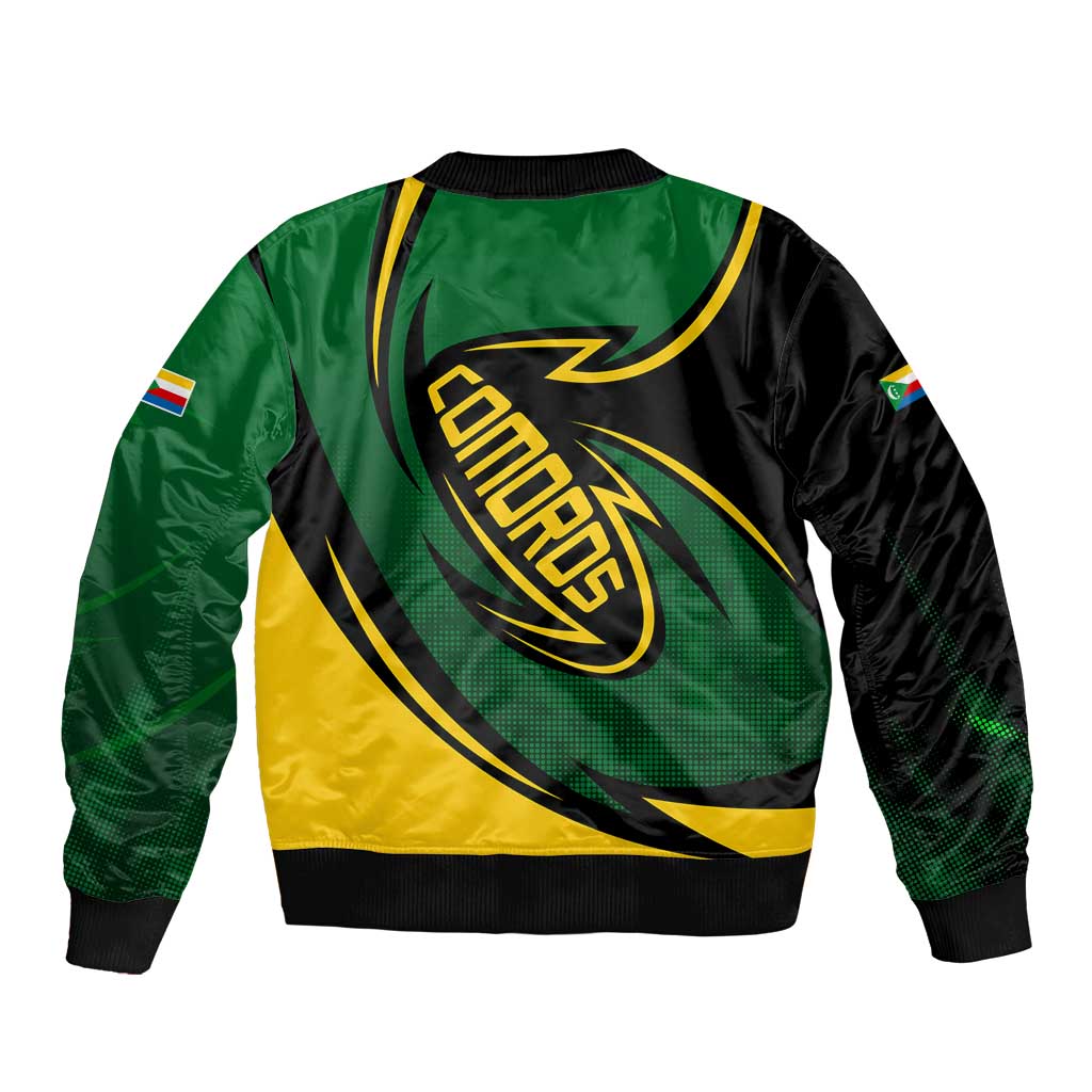 Comoros Bomber Jacket with Green Black Yellow Swirl Design and National Emblem Pattern