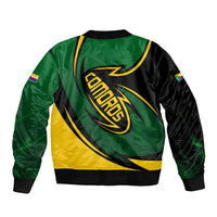 Comoros Bomber Jacket with Green Black Yellow Swirl Design and National Emblem Pattern