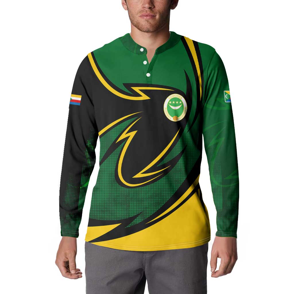 Comoros Button Sweatshirt with Green Black Yellow Swirl Design and National Emblem Pattern