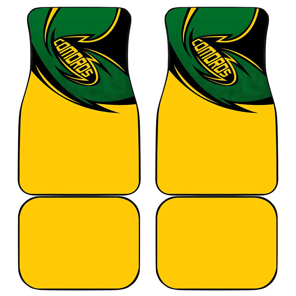 Car floor mat set with four mats: yellow with green/black swirl and emblem design