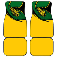 Car floor mat set with four mats: yellow with green/black swirl and emblem design