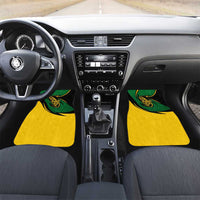Car floor mat set for front seats with yellow mats and green/black emblem swirl