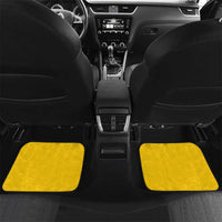 Car floor mat set for rear seats with two yellow mats and green/black emblem design