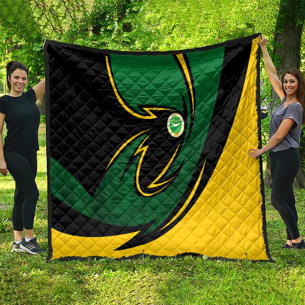 Comoros Quilt with Green Black Yellow Swirl Design and National Emblem Pattern
