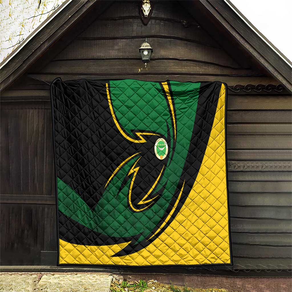Comoros Quilt with Green Black Yellow Swirl Design and National Emblem Pattern