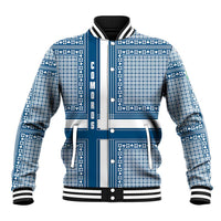 Blue and white geometric baseball jacket with striped ribbed collar and snap button front